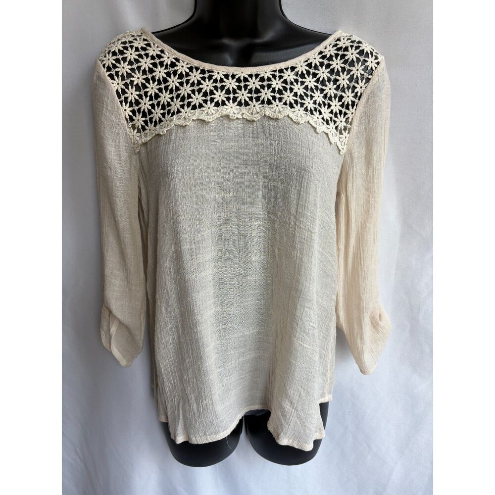Pretty Good Natural Beige 100% Cotton Top Crochet Lace Insert Rolltab Sleeve S